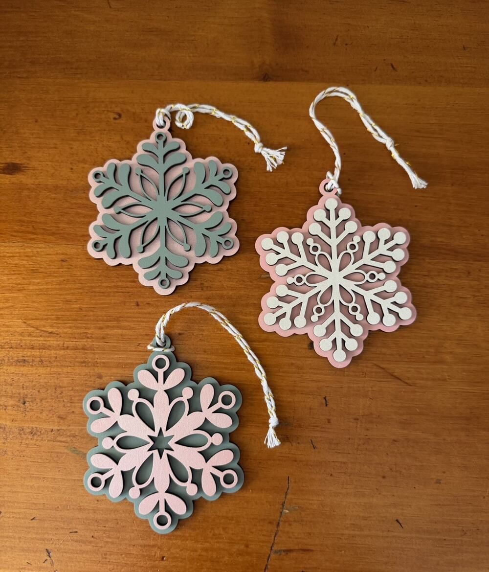Christmas Snowflake Ornaments Set of 3 Pink Sage Green Layered Wood Decor